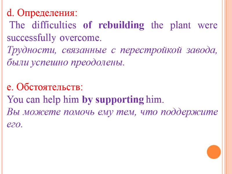 d. Определения:  The difficulties of rebuilding the plant were successfully overcome. Трудности, связанные